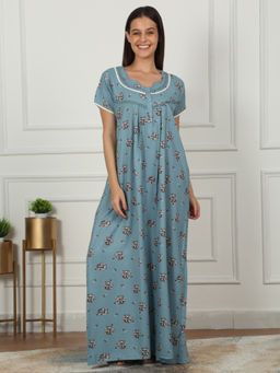 Sweet Dreams - Women Blue Floral Printed Full Length Night Dress