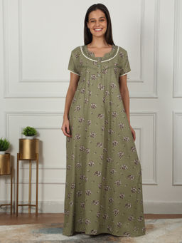 Sweet Dreams - Women Olive Floral Printed Full Length Night Dress