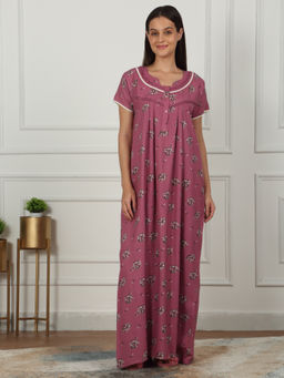 Sweet Dreams - Women Rose Pink Floral Printed Full Length Night Dress