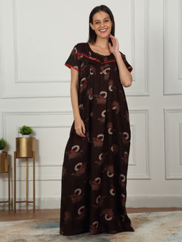 Sweet Dreams - Women Brown Printed Full Length Night Dress