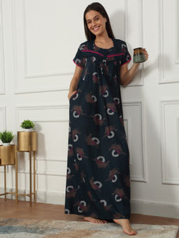 Sweet Dreams - Women Teal Printed Full Length Night Dress