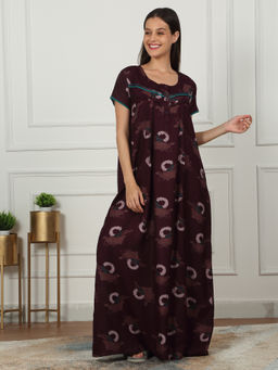 Sweet Dreams - Women Wine Printed Full Length Night Dress