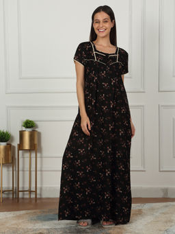 Sweet Dreams - Women Black Printed Full Length Night Dress