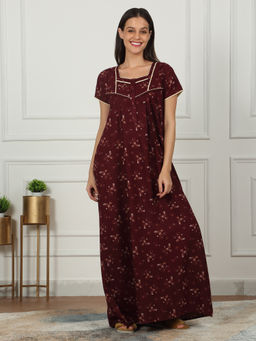 Sweet Dreams - Women Maroon Printed Full Length Night Dress