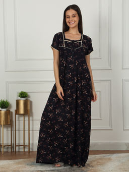 Sweet Dreams - Women Dark Navy Blue Printed Full Length Night Dress