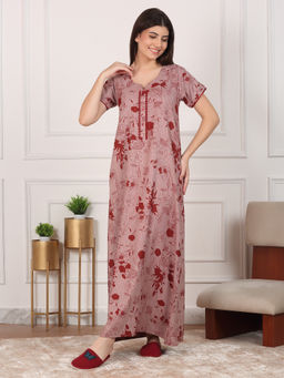 Sweet Dreams - Women Red Floral Printed Night Dress