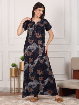Sweet Dreams - Women Navy Blue Floral Printed Night Dress