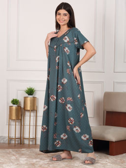 Sweet Dreams - Women Teal Floral Printed Night Dress