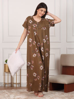 Sweet Dreams - Women Khaki Floral Printed Night Dress
