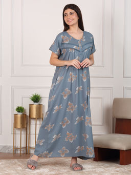 Sweet Dreams - Women Grey Floral Printed Night Dress