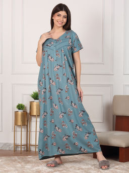Sweet Dreams - Women Teal Floral Printed Night Dress