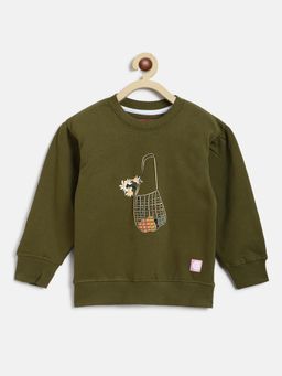 Tales & Stories - Girls Olive Poly Cotton HD Printed Sweatshirt