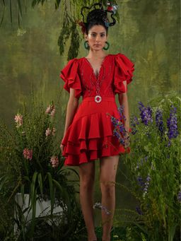 Label Iris - Red Embellished Tiered Mini Dress