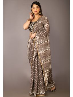 Unnati Silks - Grey Preet Dabu Mulmul Cotton Saree with Unstitched Blouse