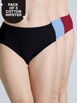 Nykd by Nykaa - PO3 Mid Rise Cotton Hipster Panty with Outer Elastic-Jet Black,C.Red,Sky Blue-NYP391
