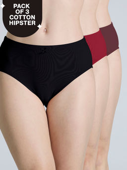Nykd by Nykaa - PO3 Mid Rise Cotton Hipster Panty with Outer Elastic-Jet Black,Maroon,S.Red-NYP391