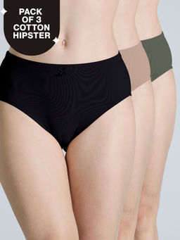 Nykd by Nykaa - PO3 Mid Rise Cotton Hipster Panty with Outer Elastic-Jet Black,Taupe,Green-NYP391