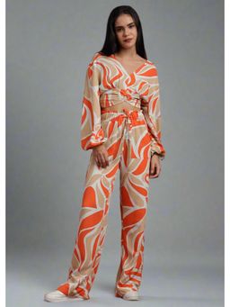 GAIIA - Orange Printed V Neck Waist Ring Co-Ord Set
