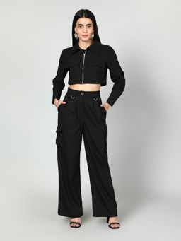 GAIIA - Women Black Solid Jacket with Cargo Pant