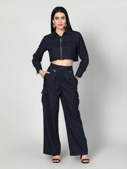 GAIIA - Women Navy Blue Solid Jacket with Cargo Pant