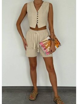 GAIIA - Women Beige Textured Waistcoat and Shorts