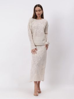 GAIIA - Cream Self Design Winter Top with Skirt