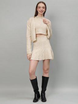 GAIIA - Women Beige Self Design Cardigan with Skirt