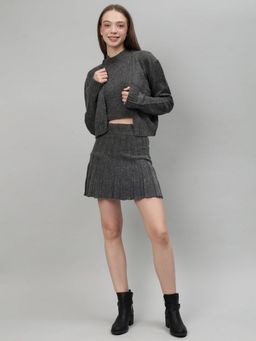 GAIIA - Women Grey Self Design Cardigan with Skirt