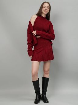 GAIIA - Women Maroon Self Design Cardigan with Skirt