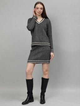 GAIIA - Women Grey Self Design Sweater with Skirt
