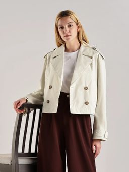 Calvin Klein - Off White Notched Lapel Full Sleeves Leather Jacket