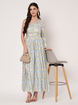 AMAGYAA - Lurex Blue One Shoulder Full Sleeves Maxi Dress