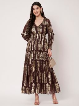 AMAGYAA - Lurex Brown V-Neck Full Sleeves Maxi Dress