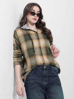 SHOWOFFFF - Women Checked Green Hooded Shirt
