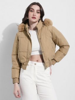 SHOWOFFFF - Beige Hooded Full Sleeves Bomber