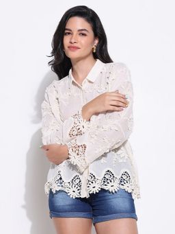 SHOWOFFFF - Women Textured Cream Floral Lace Shirt