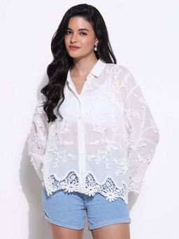 SHOWOFF - Women Textured White Floral Lace Shirt