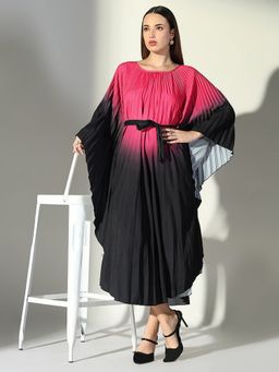 SHOWOFF - Cotton Pink Round Neck Three Fourth Sleeves Midi Dress