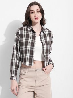 SHOWOFFFF - Women Checked Brown Cropped Flannel Shirt with Tank Top