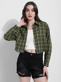 SHOWOFFFF - Women Checked Green Cropped Flannel Shirt with Tank Top