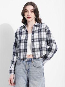 SHOWOFFFF - Women Checked Grey Cropped Flannel Shirt with Tank Top