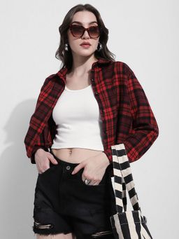 SHOWOFF - Women Checked Red Cropped Flannel Shirt with Tank Top