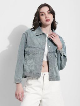 SHOWOFFFF - Blue Collar Neck Full Sleeves Denim Jacket