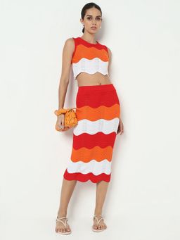 SHOWOFFFF - Women Orange Wavy Knit Pattern Top With Skirt