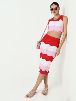 SHOWOFF - Women Pink Wavy Knit Pattern Top With Skirt