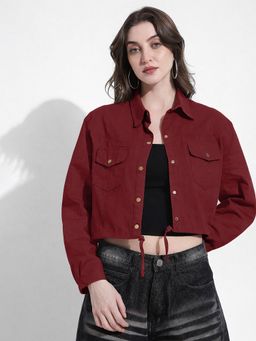 SHOWOFFFF - Maroon Collar Neck Full Sleeves Cropped Jacket