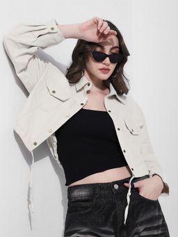 SHOWOFFFF - Off White Collar Neck Full Sleeves Cropped Jacket