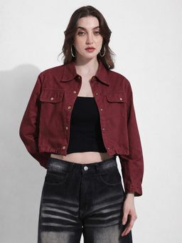 SHOWOFFFF - Maroon Collar Neck Full Sleeves Cropped Jacket