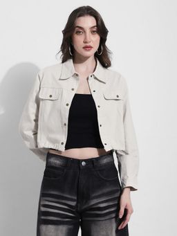 SHOWOFFFF - Off White Collar Neck Full Sleeves Cropped Jacket