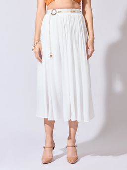 SHOWOFFFF - Women White Solid Midi Skirt with Belt
